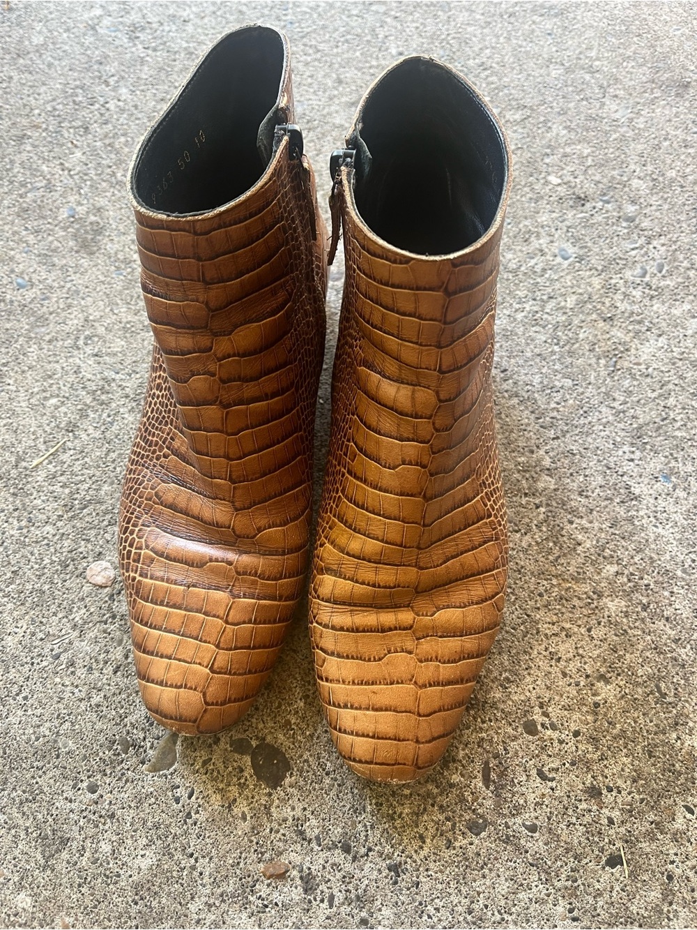 Freda Salvador Croc-Embossed Tan Leather Ankle Booties